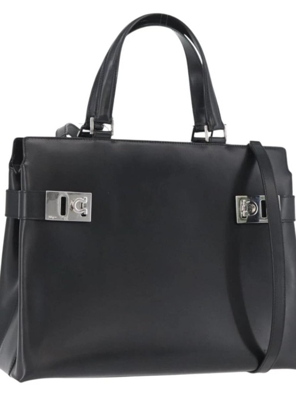 Salvatore Ferragamo Hand Bag Leather 2way Black Silver Auth ka3005